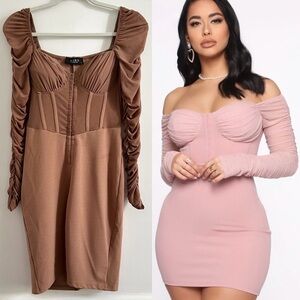 Akira Ruched Off-the-Shoulder Bodycon Dress in Brown size Medium Corset Tulle
